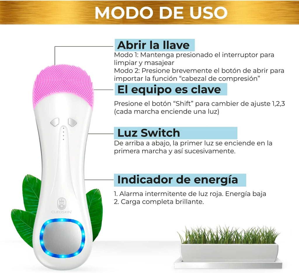 CLEOSKIN Cepillo Electrico de Limpieza Facial, ultrasónico, exfoliante de silicona Antienvejecimiento para todo tipo de pieles. Belleza premium mujer. Skincare. Cleoskin (Cepillo Limpiador Facial)