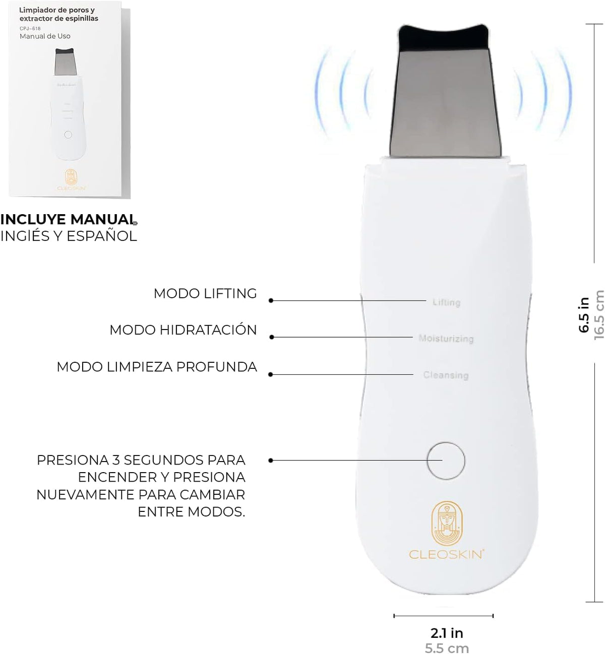 CLEOSKIN Espátula Peeling ultrasónica y turbo removedor de espinillas y puntos negros, exfolia la piel. elimina el sebo facial, máquina de limpieza profunda para acné, comedones, granos. Cuidado de la piel, skincare.