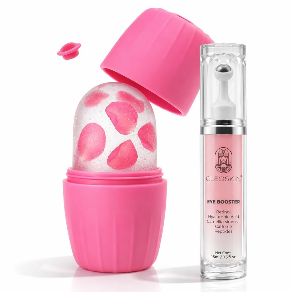 CLEOSKIN Kit Skin Care Hieloterapia: Crema Contorno de Ojos Eye Booster (Retinol + Cafeína) y Molde Ice Roller de Silicona para Rostro – Reduce Bolsas, Ojeras e Inflamación, Efecto Lifting Facial.