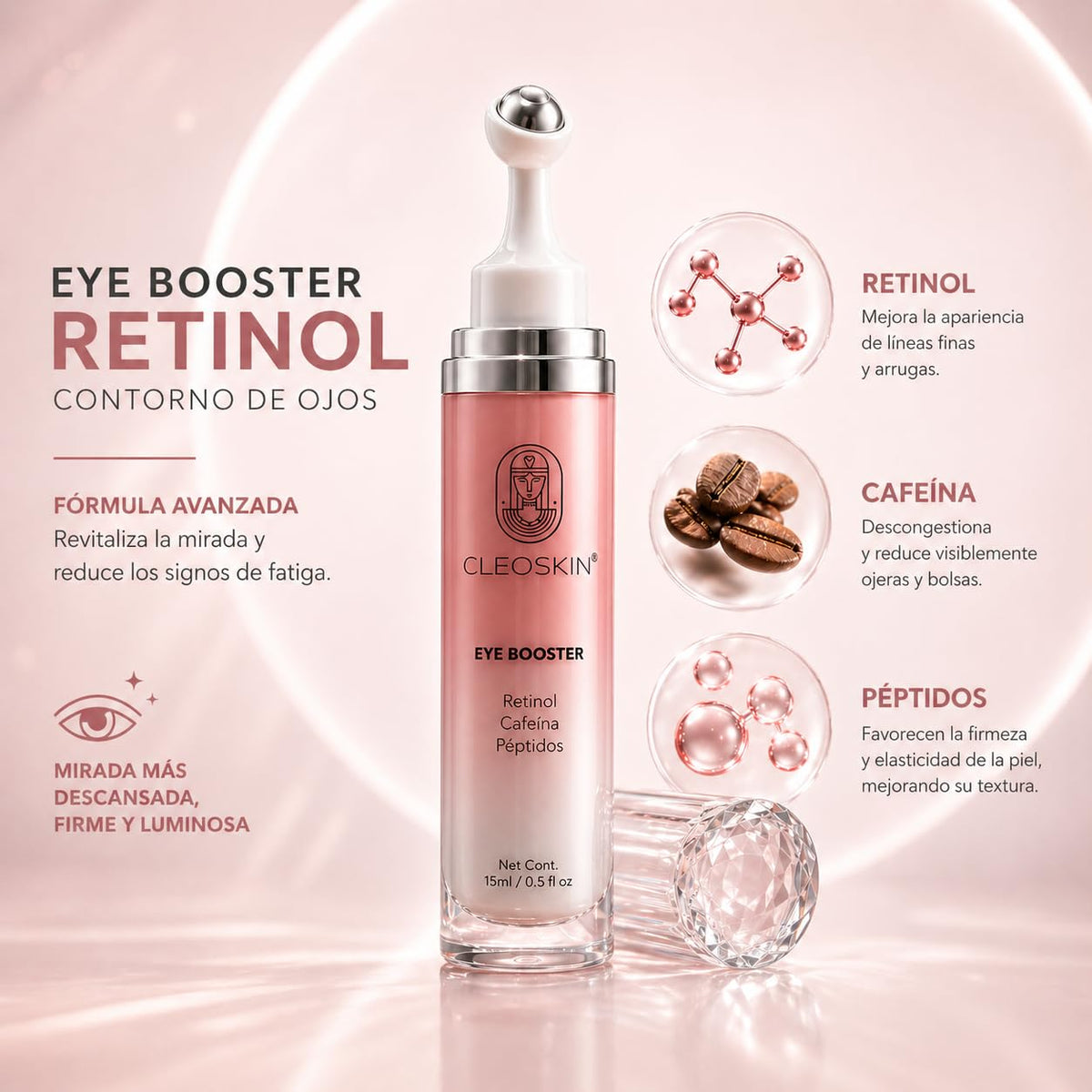 CLEOSKIN Crema para Contorno de Ojos con 3% Retinol y 5% Cafeína (15ml) – Tratamiento Reafirmante para Ojeras, Bolsas y Patas de Gallo con Aplicador Roll-on Metálico