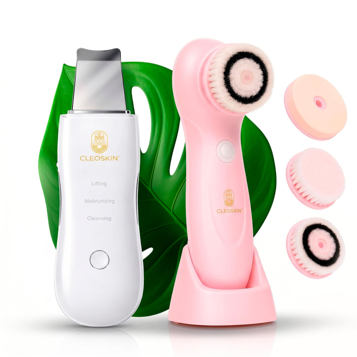 CLEOSKIN Kit Espátula peelong ultrasónico y cepillo de limpieza facial, Extractor de puntos negros y espinillas, limpiador de poros
