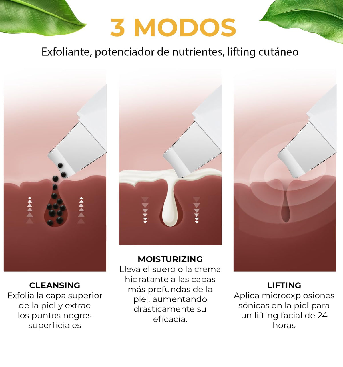 CLEOSKIN Espátula Peeling ultrasónica y turbo removedor de espinillas y puntos negros, exfolia la piel. elimina el sebo facial, máquina de limpieza profunda para acné, comedones, granos. Cuidado de la piel, skincare.