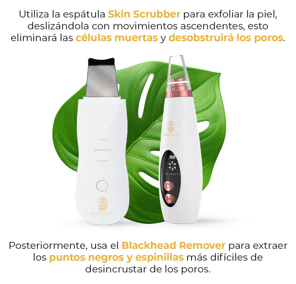 CLEOSKIN Espátula Peeling ultrasónica y turbo removedor de espinillas y puntos negros, exfolia la piel. elimina el sebo facial, máquina de limpieza profunda para acné, comedones, granos. Cuidado de la piel, skincare.