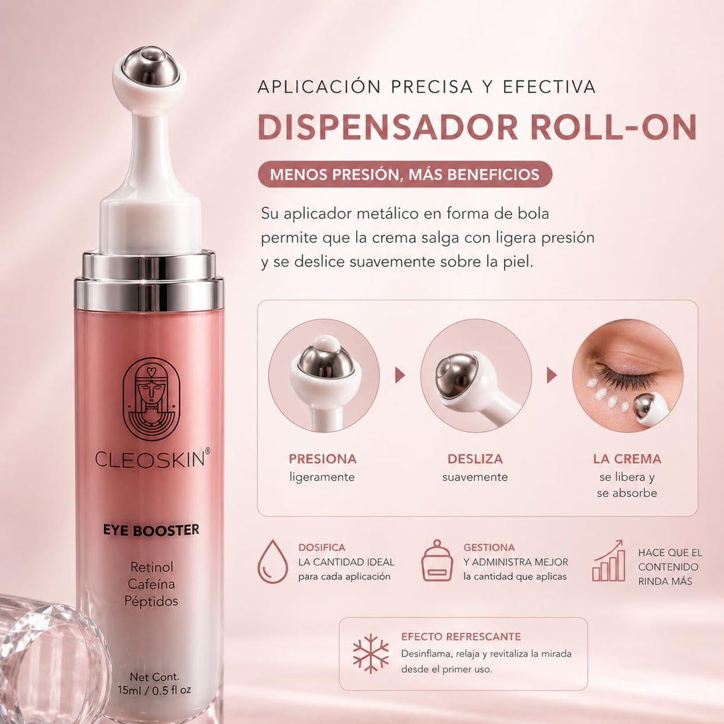 CLEOSKIN Crema para Contorno de Ojos con 3% Retinol y 5% Cafeína (15ml) – Tratamiento Reafirmante para Ojeras, Bolsas y Patas de Gallo con Aplicador Roll-on Metálico