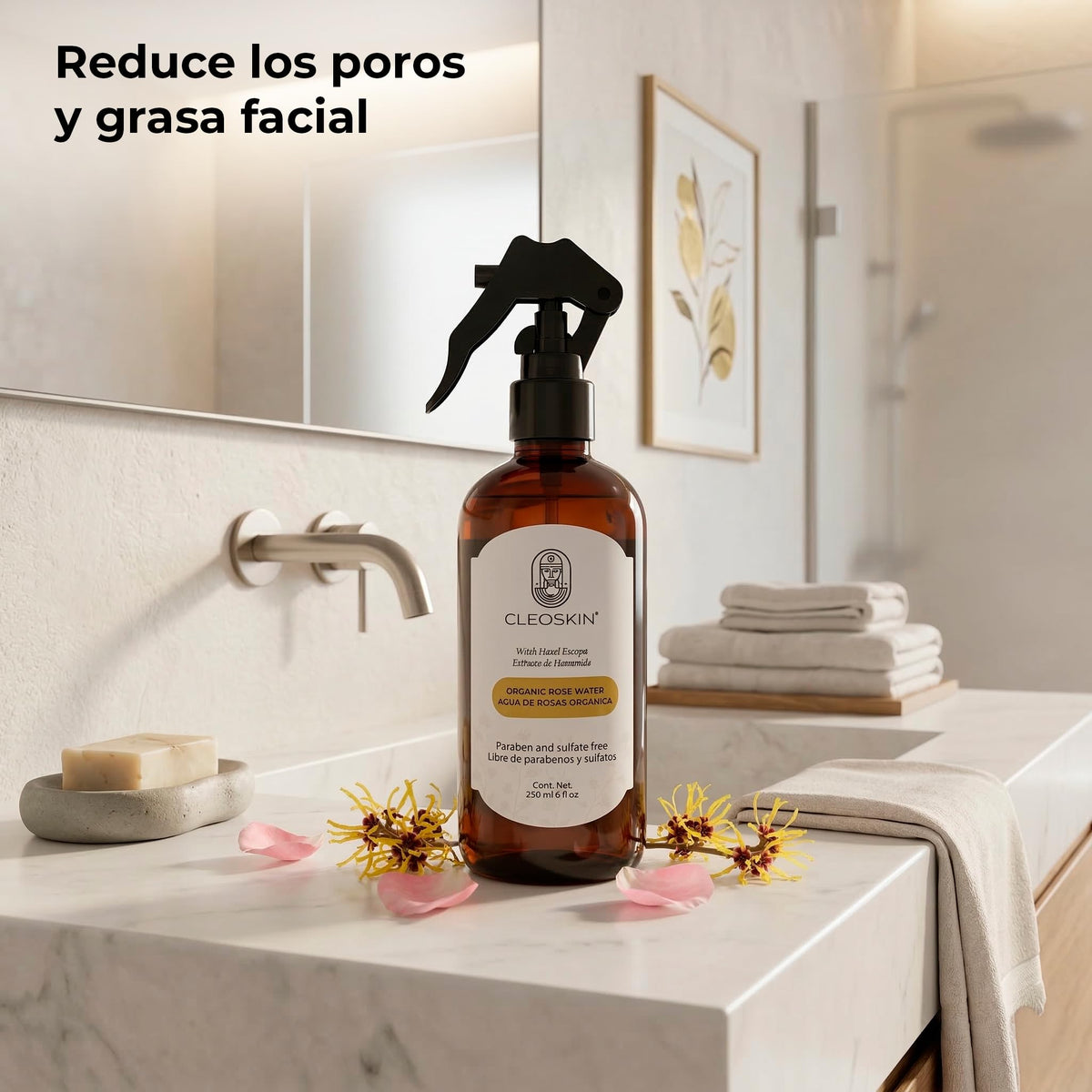 CLEOSKIN Tónico Facial de Agua de Rosas con Hamamelis | Toner Facial Equilibrante y Calmante | Refresca, Hidrata y Balancea la Piel | Sin Parabenos ni Sulfatos | 250 ml