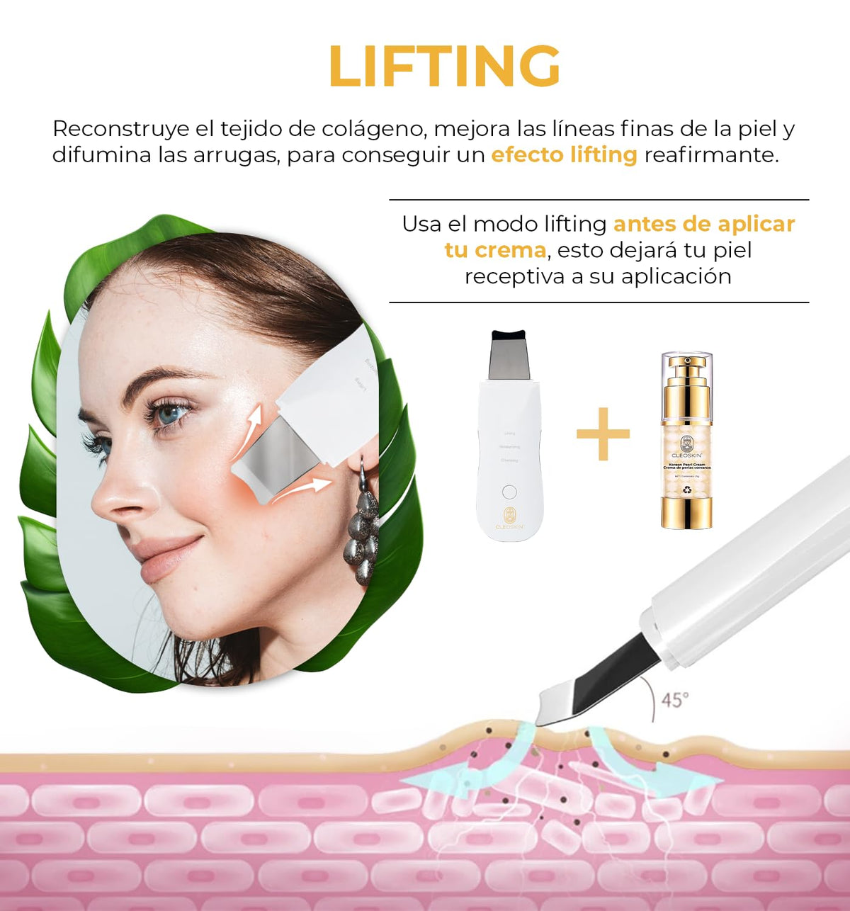 CLEOSKIN Espátula Peeling ultrasónica y turbo removedor de espinillas y puntos negros, exfolia la piel. elimina el sebo facial, máquina de limpieza profunda para acné, comedones, granos. Cuidado de la piel, skincare.