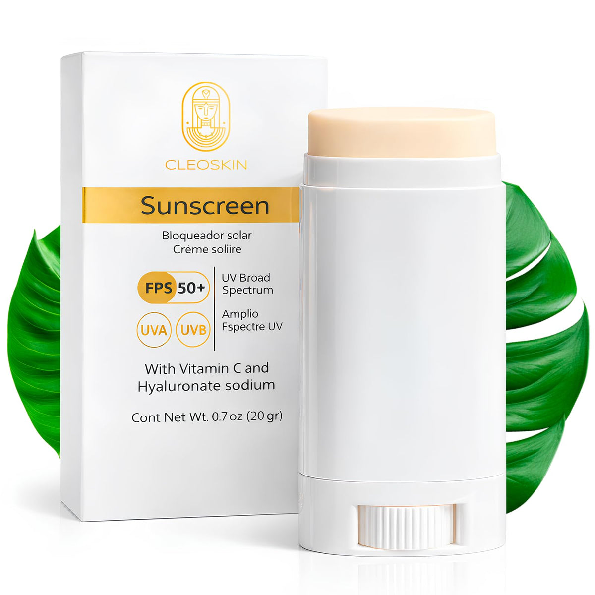 CLEOSKIN Bloqueador Solar en Barra FPS 50+ | Protección UVA/UVB | Con Vitamina C y Ácido Hialurónico | 20g | Facial y Corporal | Textura Invisible y No Grasa