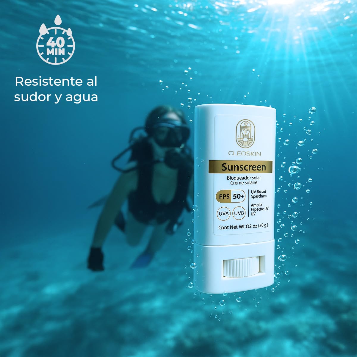 CLEOSKIN Bloqueador Solar en Barra FPS 50+ | Protección UVA/UVB | Con Vitamina C y Ácido Hialurónico | 20g | Facial y Corporal | Textura Invisible y No Grasa