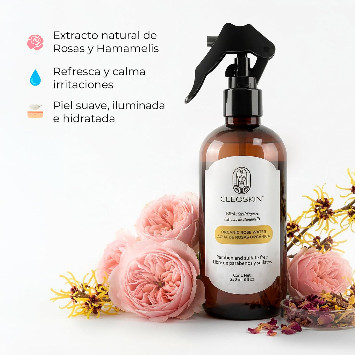 CLEOSKIN Tónico Facial de Agua de Rosas con Hamamelis | Toner Facial Equilibrante y Calmante | Refresca, Hidrata y Balancea la Piel | Sin Parabenos ni Sulfatos | 250 ml