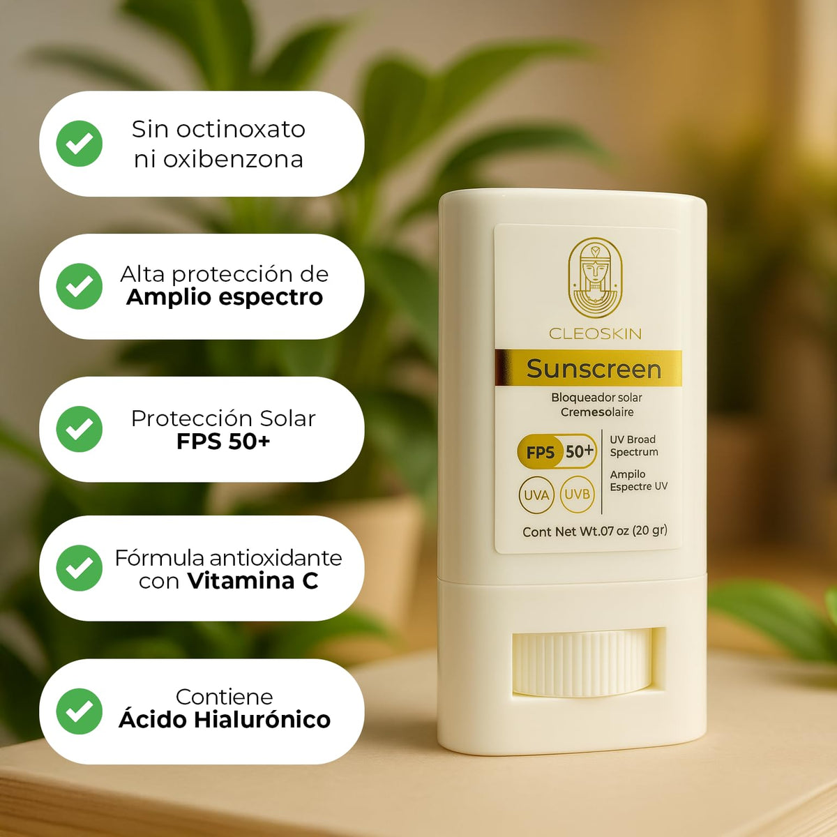 CLEOSKIN Bloqueador Solar en Barra FPS 50+ | Protección UVA/UVB | Con Vitamina C y Ácido Hialurónico | 20g | Facial y Corporal | Textura Invisible y No Grasa