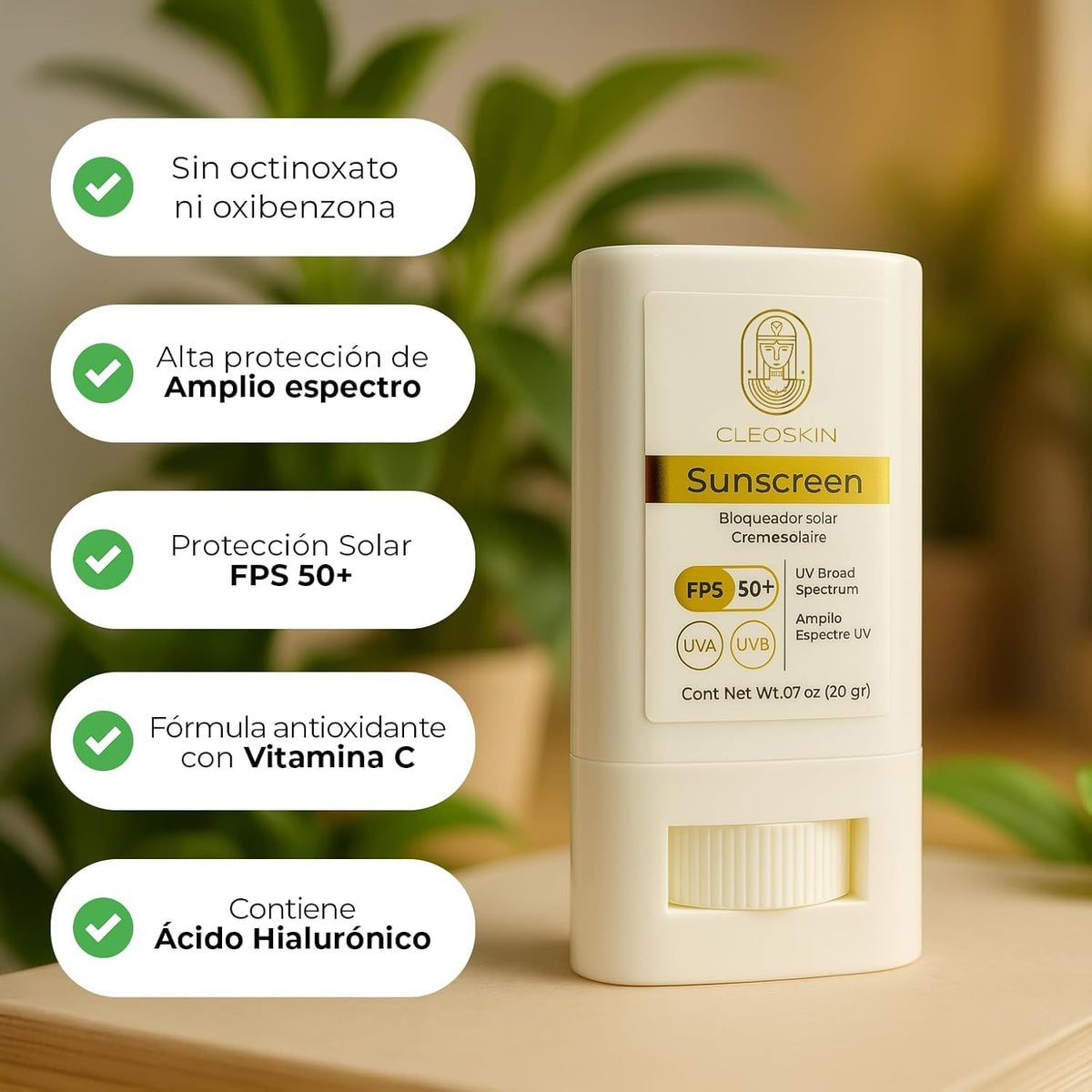 CLEOSKIN Bloqueador Solar en Barra FPS 50+ | Protección UVA/UVB | Con Vitamina C y Ácido Hialurónico | 20g | Facial y Corporal | Textura Invisible y No Grasa