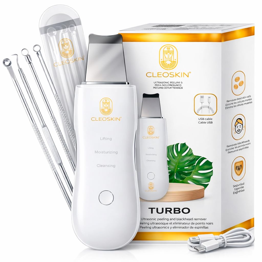 CLEOSKIN Espátula Peeling ultrasónica y turbo removedor de espinillas y puntos negros, exfolia la piel. elimina el sebo facial, máquina de limpieza profunda para acné, comedones, granos. Cuidado de la piel, skincare.